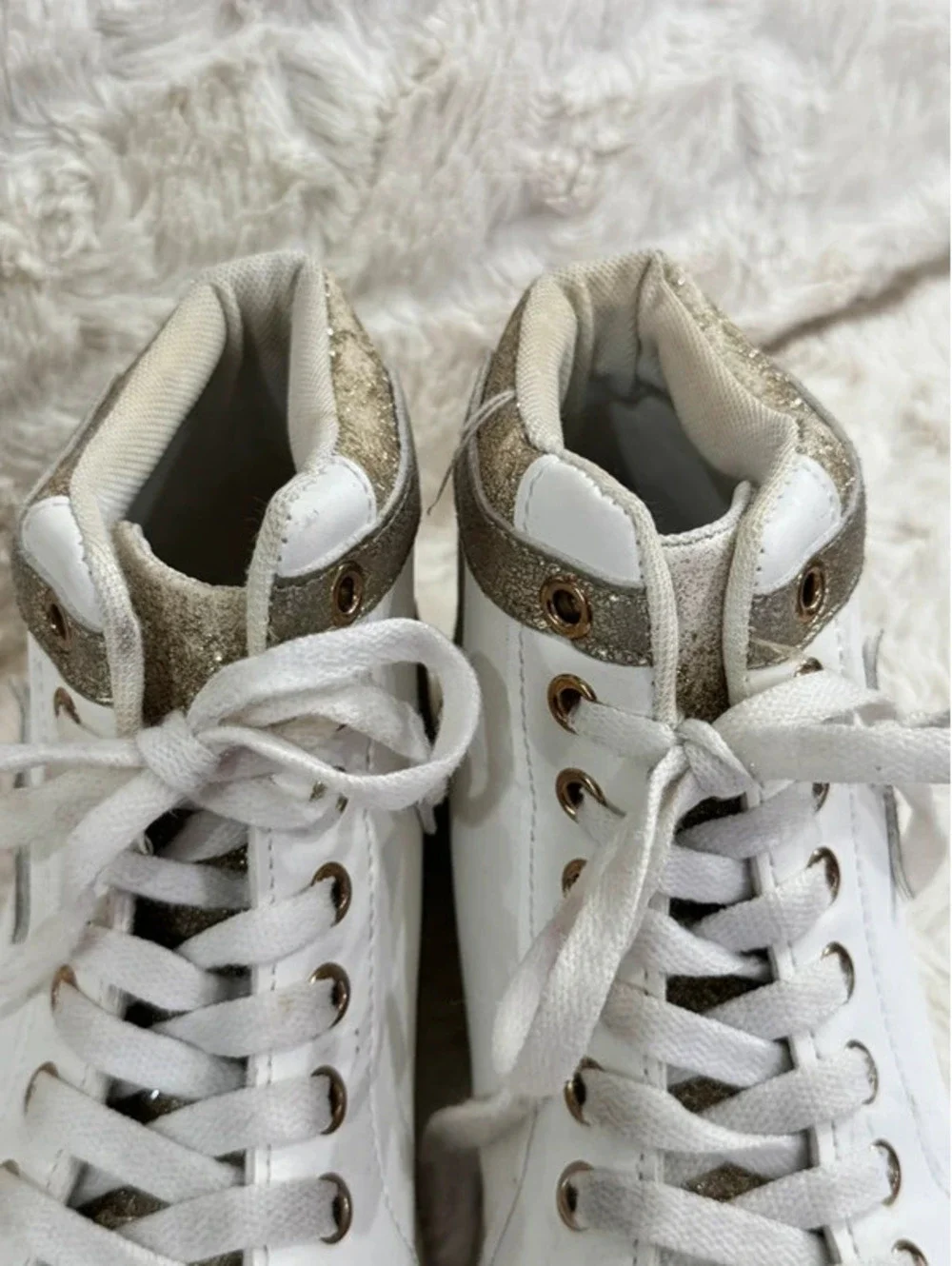 Women’s Boutique High-Tops, white and gold. Size 7